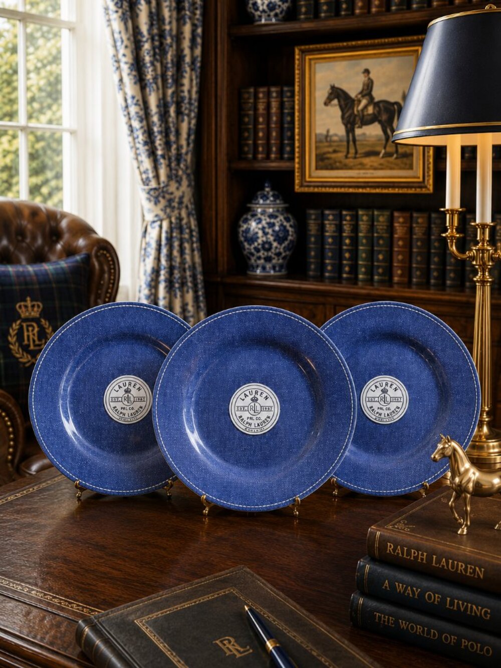 Set of 3 Rare Ralph Lauren Bartlett Denim Jean Dinner Plates